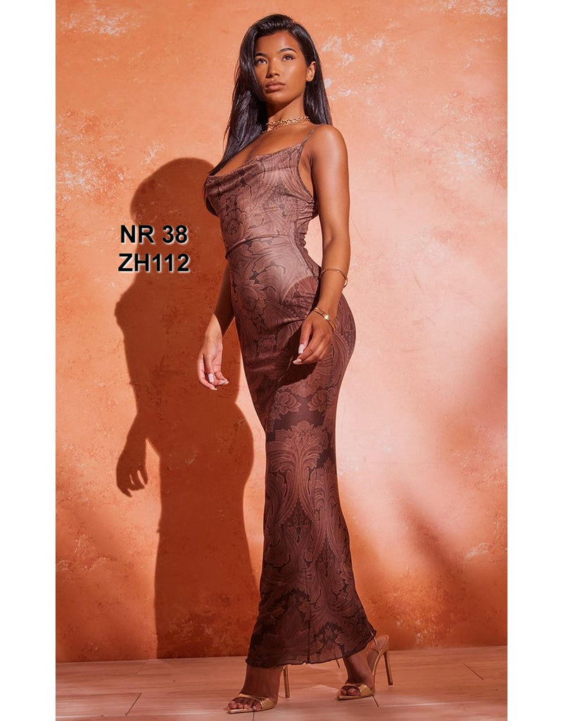 Light Brown Floral Print Mesh Cowl Maxi Dress