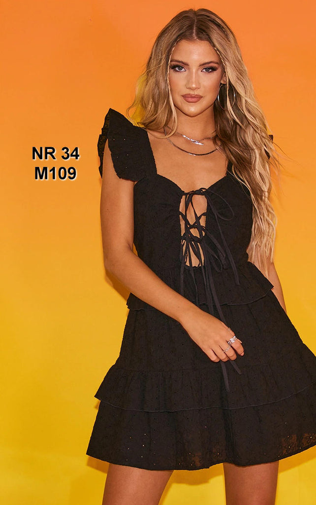 Black Broderie Anglaise Frill Strap Shift Dress