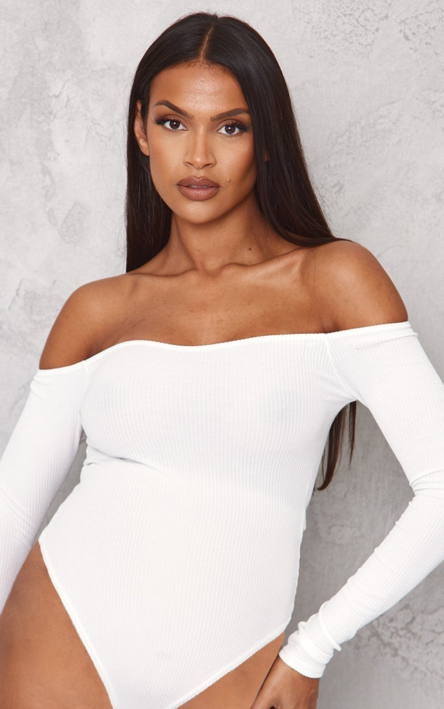 White Ribbed Long Sleeve Bardot Bodysuit