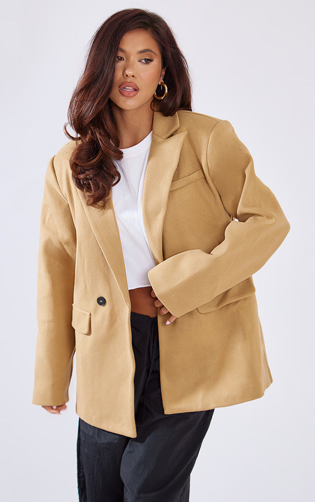 Camel Wool Look Double Breasted Blazer