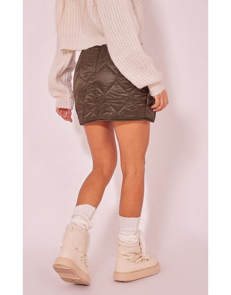 Khaki Quilted Button Side Mini Skirt