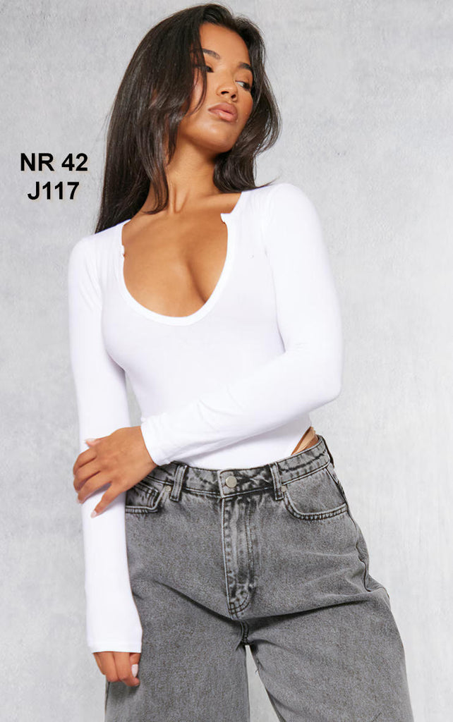 Basic White Cotton Blend Plunge Long Sleeve Bodysuit