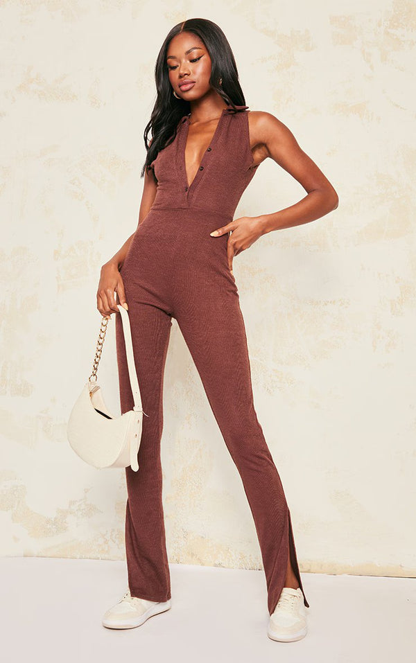 Chocolate Textured Rib Button Front Sleeveless Jumpsuit