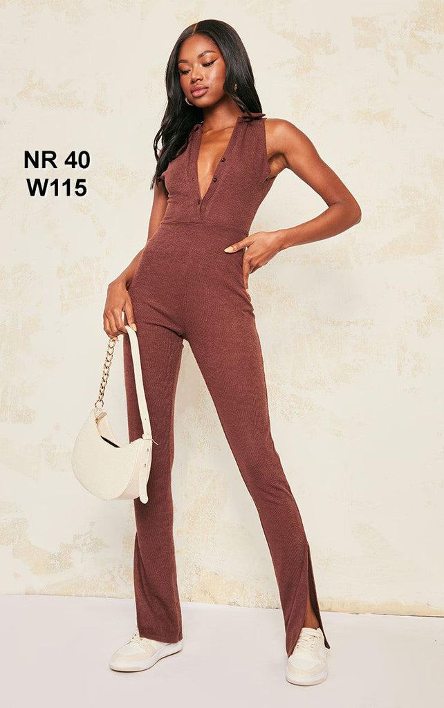 Chocolate Textured Rib Button Front Sleeveless Jumpsuit