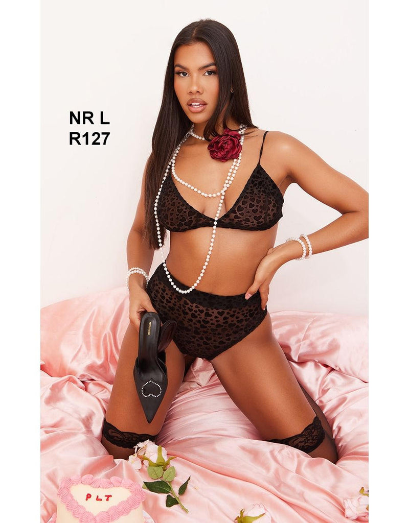 Black Ditsy Heart Flock Mesh Triangle Lingerie Set