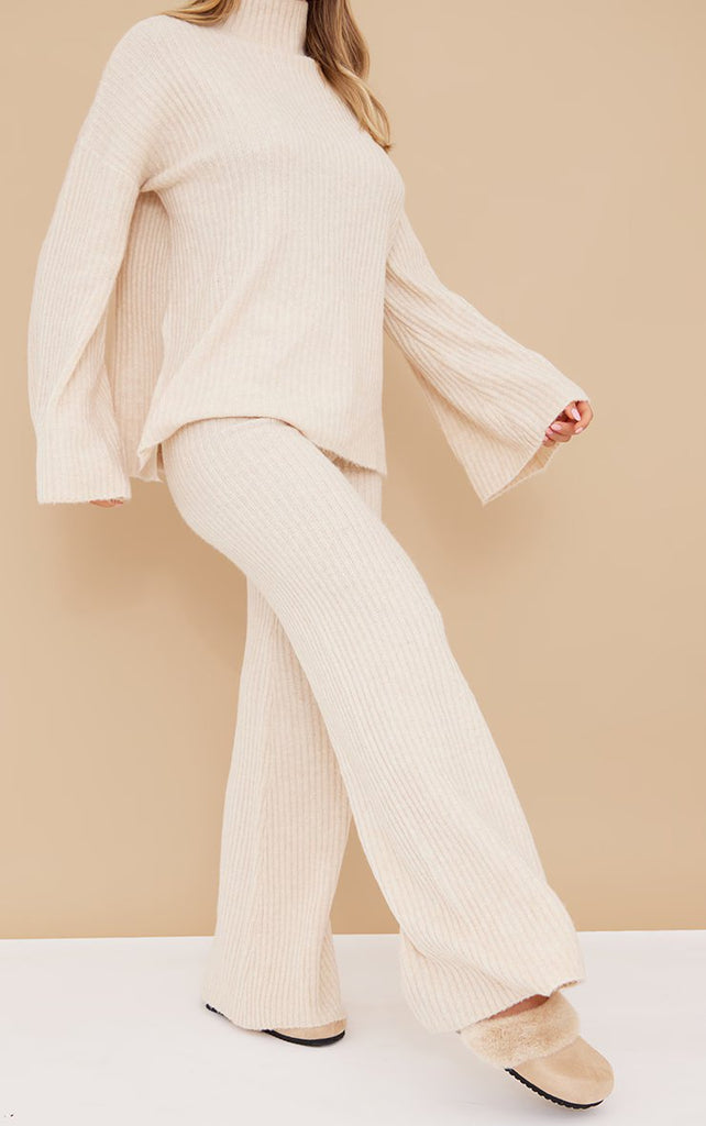 Oatmeal Luxe Rib Knit Wide Leg Trousers