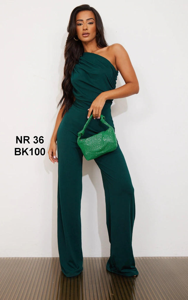 Petite Emerald Green One Shoulder Ruched Wide Leg Jumpsuit