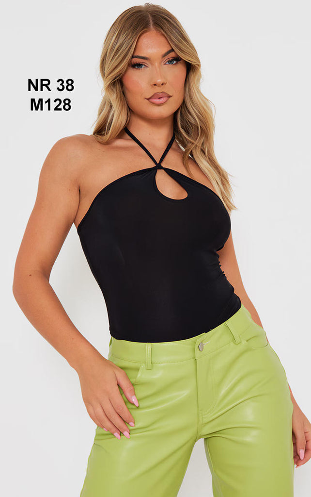 Black Slinky Cut Out Halter Bodysuit