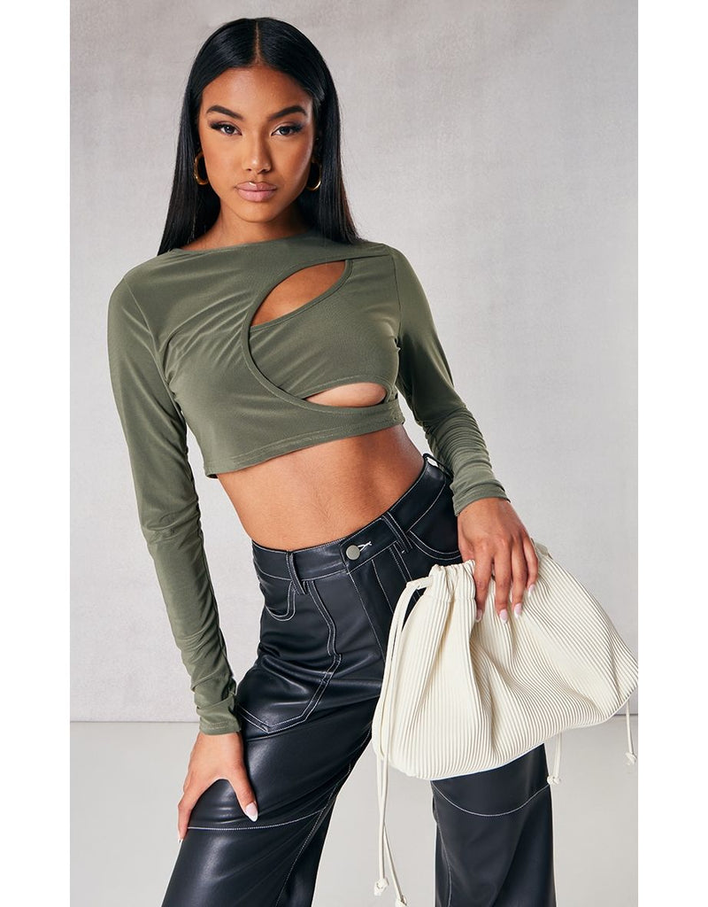 Khaki Slinky Long Sleeve Cut Out Front Crop Top