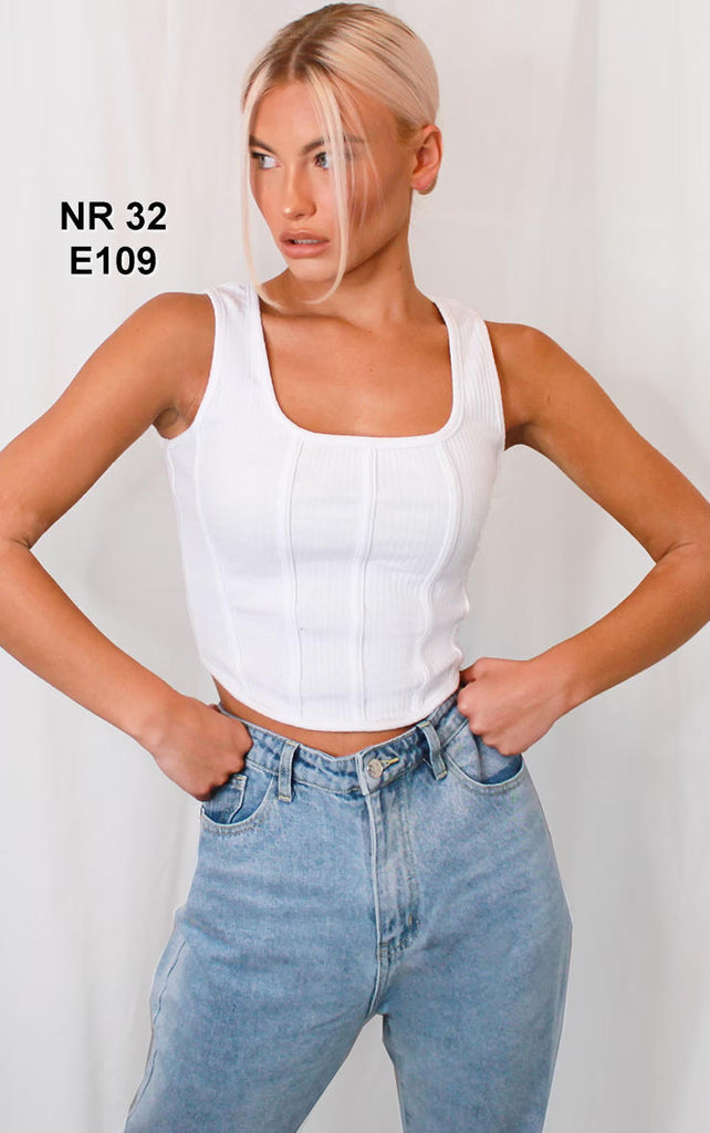 White Rib Corset Detail Crop Top