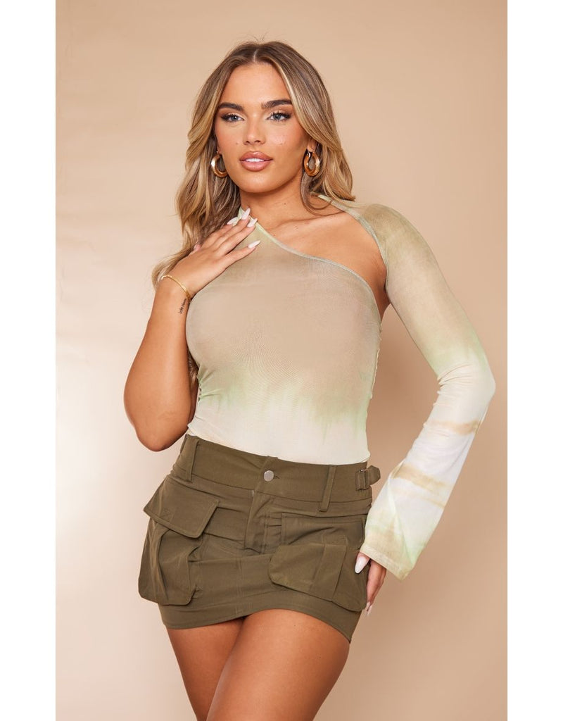 Green Printed Mesh Asymmetric One Shoulder Bodysuit