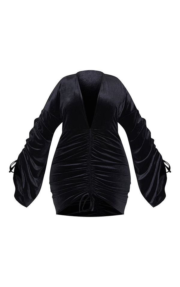Plus Black Velvet Plunge Ruched Front Bodycon Dress