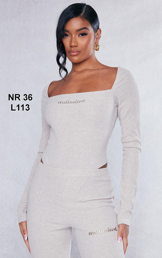 Oatmeal Marl Rib Embroidered Square Neck Bodysuit