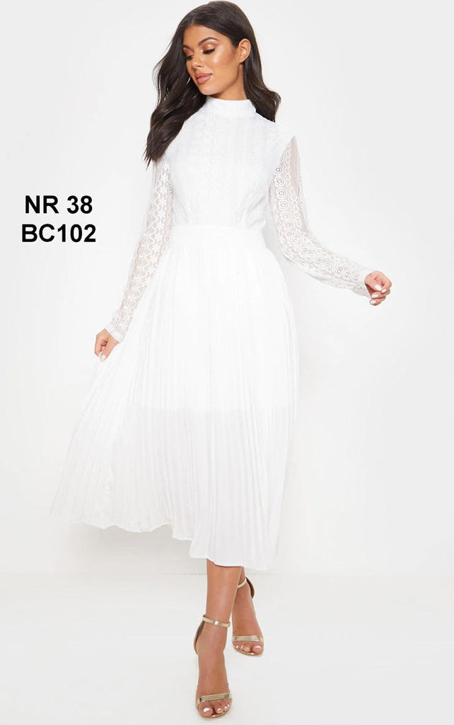 White Lace Top Pleated Midi Dress