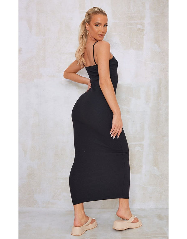 Black Rib Scoop Neck Strappy Midaxi Dress