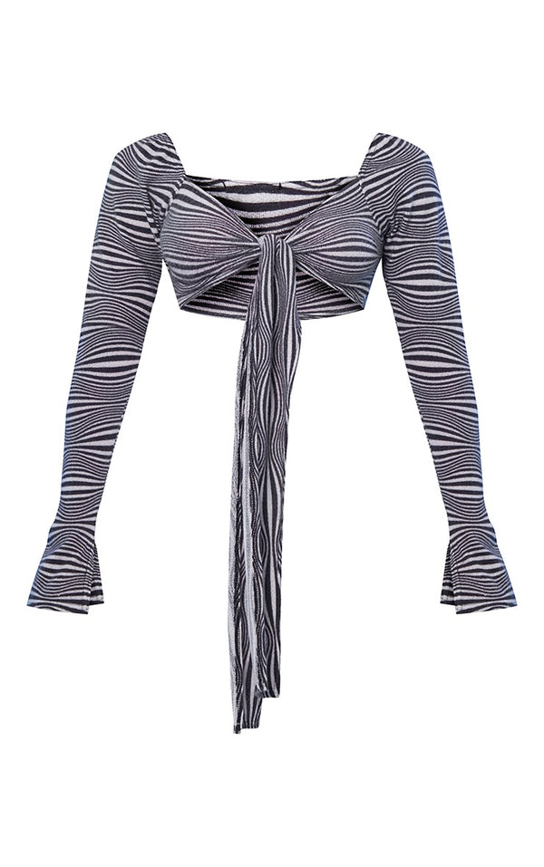 Black Brushed Abstract Print Tie Long Sleeve Crop Top