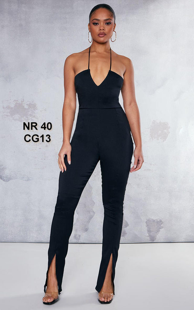 Black Stretch Woven V Neck Halter Split Hem Jumpsuit