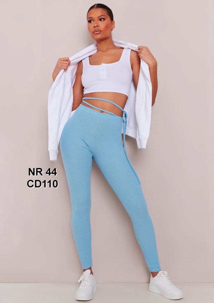 PRETTY LITTLE THING Pale Blue Crinkle Rib Tie Waist Leggings