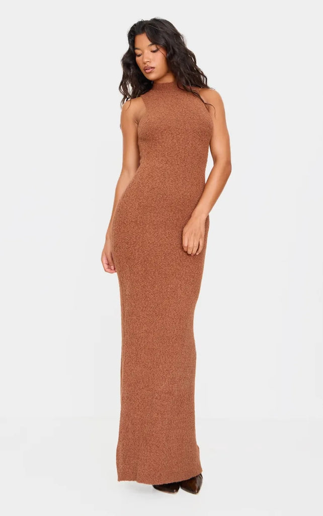 Mocha Fluffy Boucle Knit Racer Dress