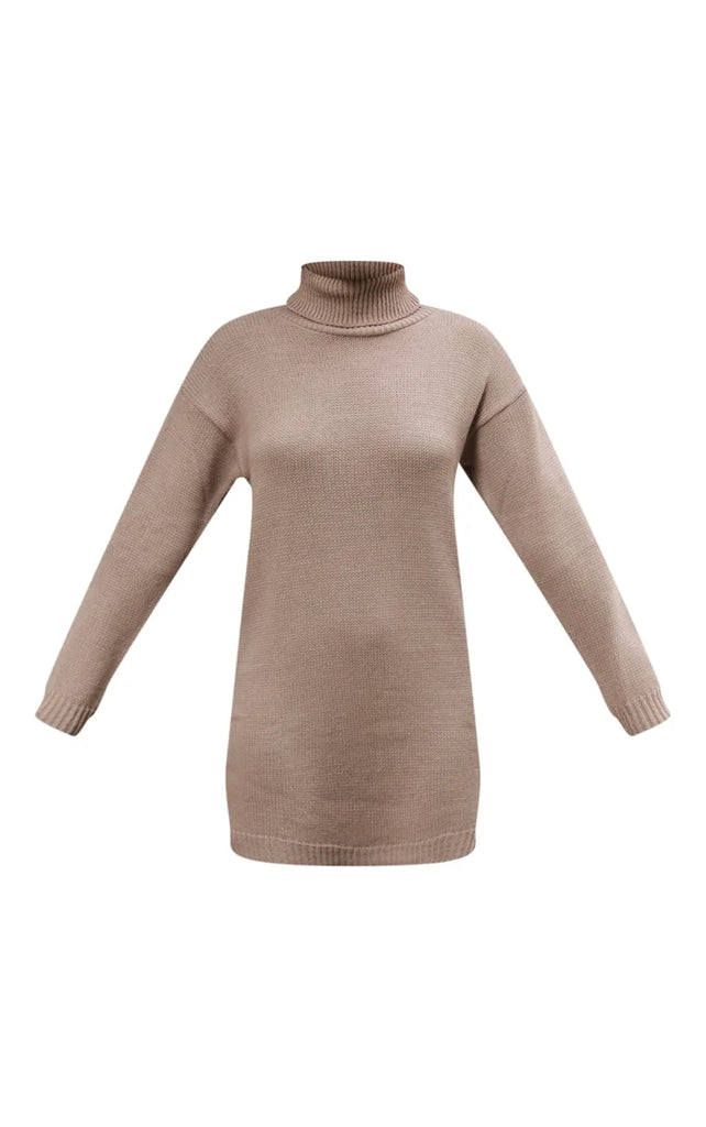Mocha Basic Roll Neck Knit Jumper Dress