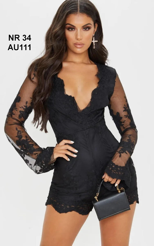 Black Lace Bell Sleeve Romper