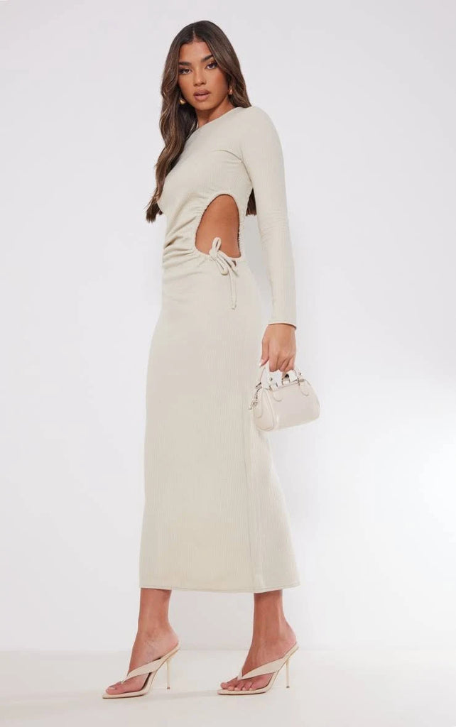 Oatmeal Ribbed Side Cut Out Long Sleeve Maxi Dress
