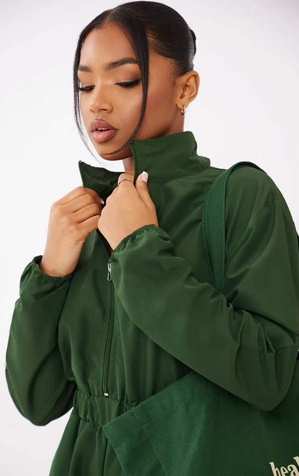 BQ102 Prettylittlething Women's Green Zip Front Pocket Detail Utility Romper